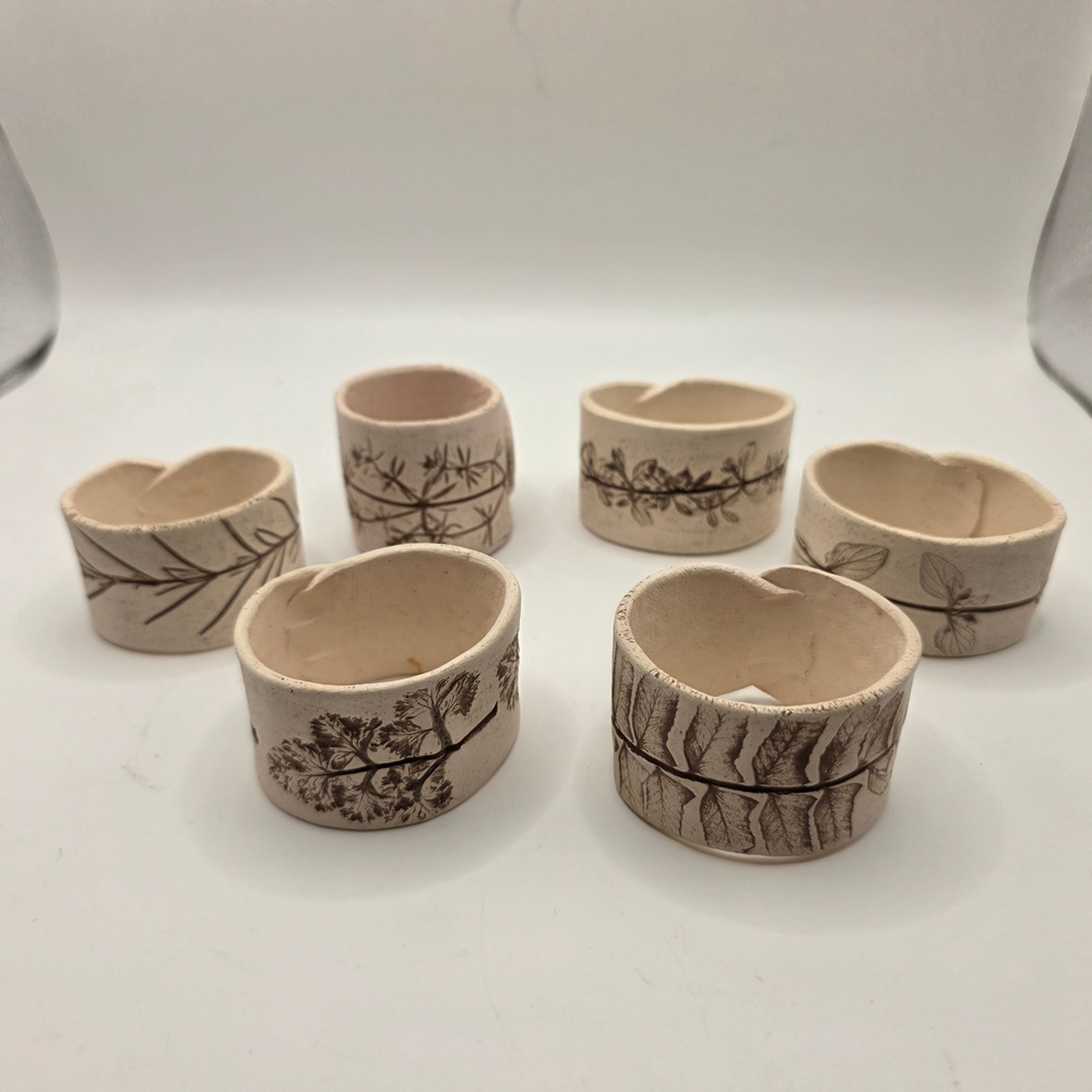 Signed Studio Pottery Stone Ceramic Napkin Rings Botanical Leaf2 Set of 6